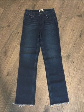 PAIGE Dark Indigo - Classic Five-Pocket Straight Leg Raw Hem Jeans